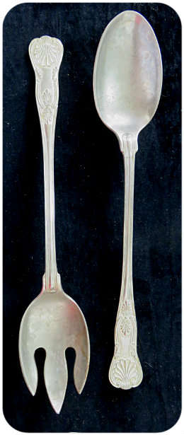 A Pair of Metal Spoon and Fork Servers - Vintage / Yesteryear Utensils - Length: