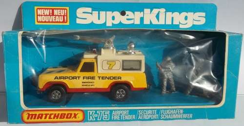 MATCHBOX Lesney SUPER KINGS  K-75 Airport Fire tender Plymouth Trail Duster BOXED 1979