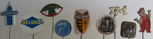 COLLECTION OF 9 AUTOMOBILE PINS PERFECTA NSU ROLLS ROYCE HUDSON LEGO MOLYKOTE LEGO ETC