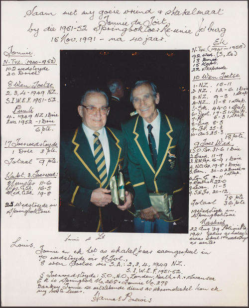 RUGBY SIGNED PHOTO HANNES BREWIS & F. DU TOIT 1951 SPRINGBOKS 1991 RE UNION ALL WRITTEN BY BREWIS