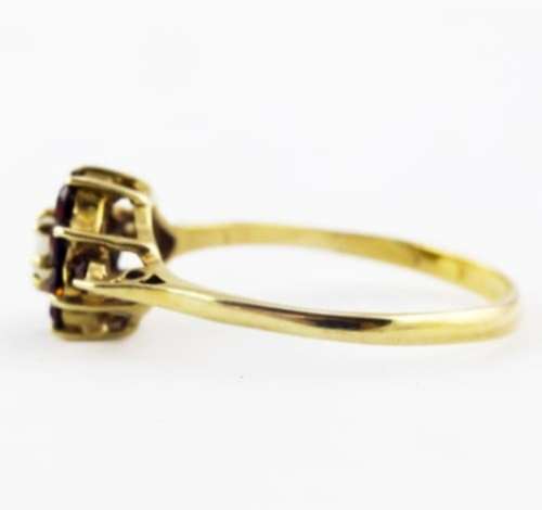 DAINTY VINTAGE ENGLISH GARNET AND OPAL 9CT YELLOW GOLD RING