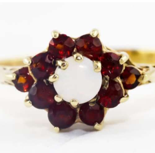 DAINTY VINTAGE ENGLISH GARNET AND OPAL 9CT YELLOW GOLD RING