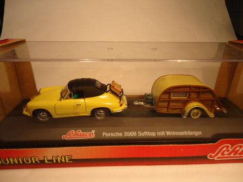 Schuco Junior Line - Porsche 356B Softtop + Caravan - Scale 1:43