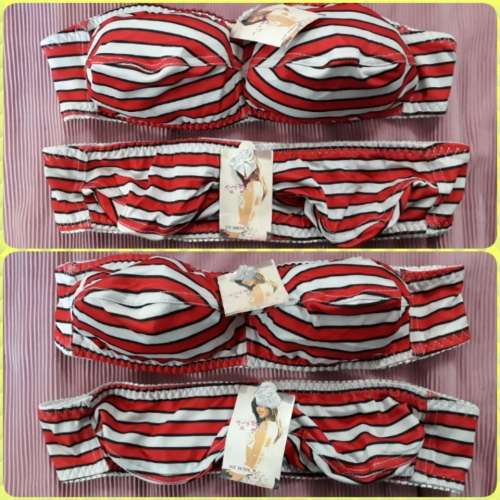 Striped stretchy soft Strapless Bikini Tops - Size 34/75/XL RED
