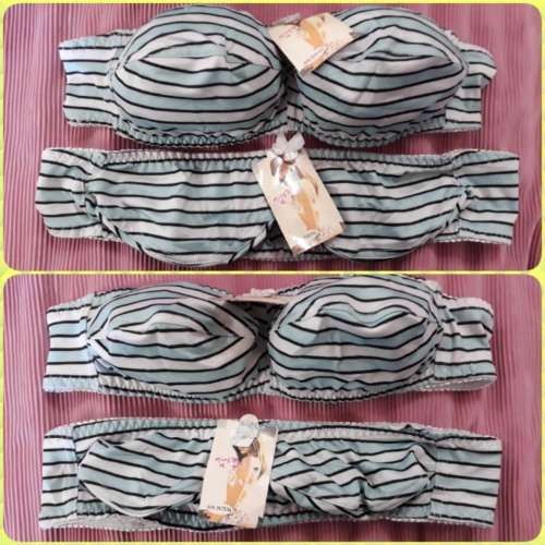 Striped stretchy soft Strapless Bikini Tops - Size 36/80/XXL TURQUOISE