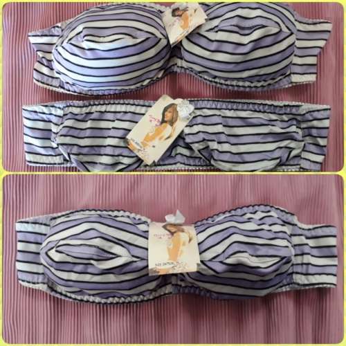 Striped stretchy soft Strapless Bikini Tops - Size 34/75/XL PURPLE
