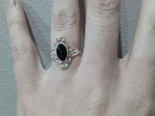 Silver Fashion Filigree Ring - Black Enamel Detail