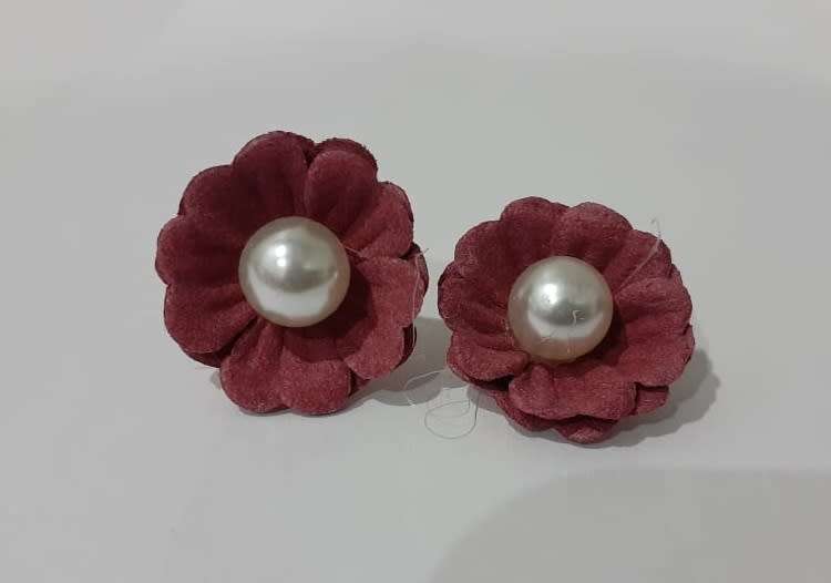 Flower Stud Earrings - Maroon Daisy, faux Pearl