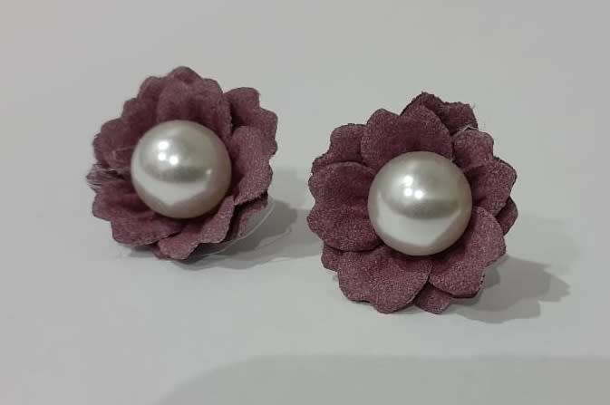 Flower Stud Earrings - Mauvy Purple, Faux Pearl
