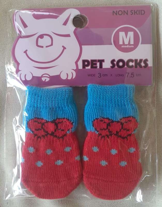 Non-skid Pet Socks - Medium Red Blue Polkadots and Bow Detail