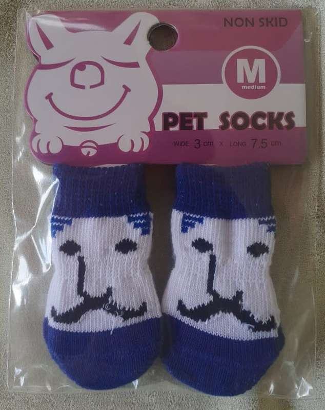 Non-skid Pet Socks - Medium Blue and White Face Detail