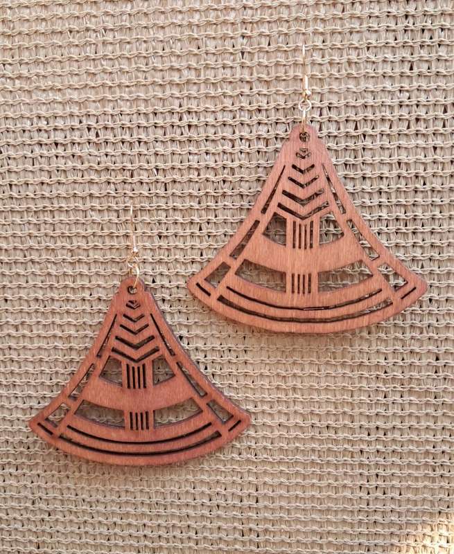 Intricate Design Wooden Dangle Earrings - Triangular