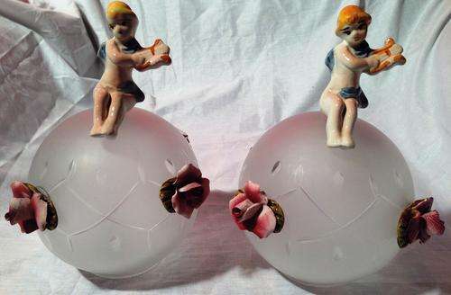 Unusual but Beautiful Pair of Vintage Victorian Style Glass and Porcelain Lamp Shades
