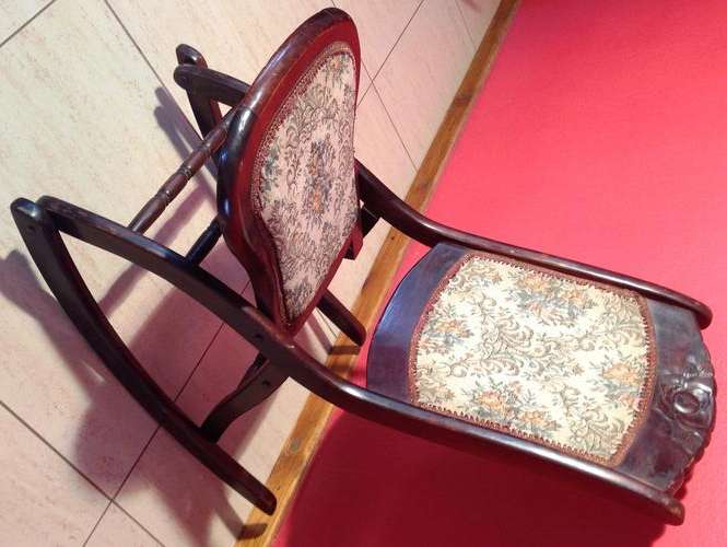 Antique Mahogany Folding Rocking Chair with Floral Patterned Seat and Back