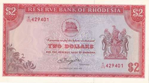 Rhodesia 2 Dollar. UNC. Bird watermark.