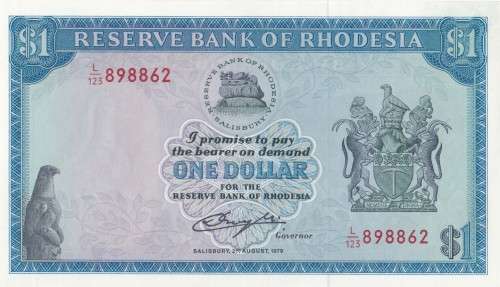 Rhodesia 1 Dollar. UNC. Bird watermark.
