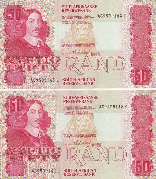 2 x R50 Stals notes in sequence.Uncirculated.