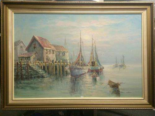STUNNING OIL ON CANVAS PAINTING BY LUINI - FISHING BOATS AT DOCK (AVERAGE ONLINE VALUE R4500)