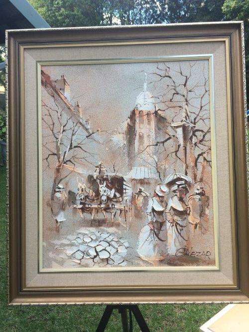 STUNNING BORIS CHEZAR - SAND AND OIL PAINTING PARIS SCENE