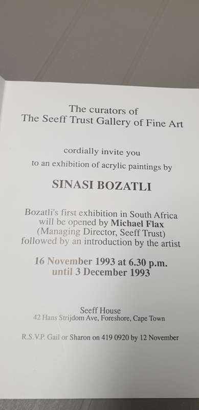 Sinasi Bozatli. First SA Exhibition invitation. 16 November 1993.