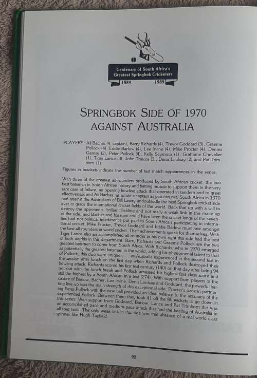 Centenary of South Africa`s Greatest Springbok Cricketers 1889-1989