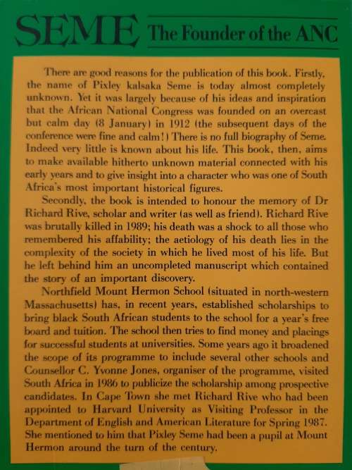 Seme: The Founder of the ANC By Richard Rive & Tim Couzens