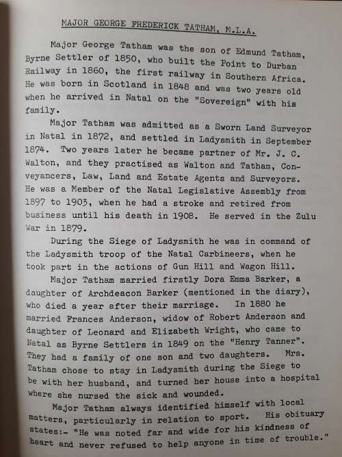 Diary of the Siege Ladysmith: Ladysmith Historical Society No.1 by Major G.F. Tatham