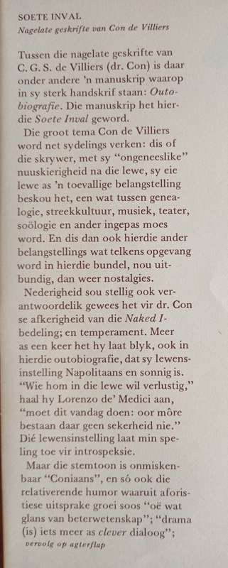 Soete Inval: Nagelate Geskrifte van Con de Villiers by Hennie Aucamp
