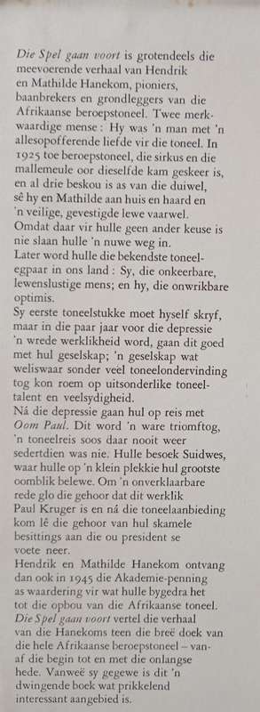 Die Spel Gaan Voort Die Verhaal van Hendrik & Mathilda Hanekom deur Anna Minnaar-Vos