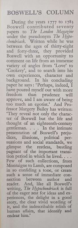 Boswell`s Column 1777-1783 Introduction & Notes by Margery Bailey