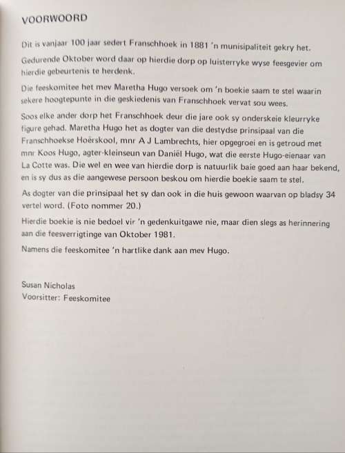 Franschhoek Munisipaliteit Municipality 100 Jaar 100 Years 1881-1981 Compiled by Maretha Hugo