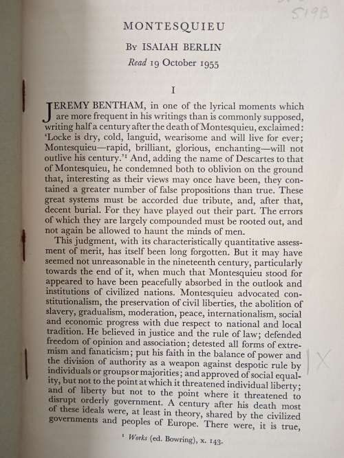Montesquieu Read 19 October 1955 by Isaiah Berlin
