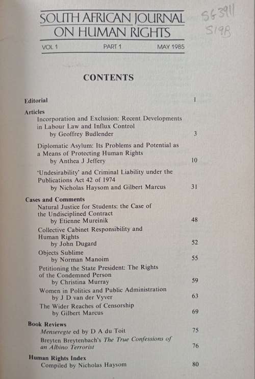 South African Journal on Human Rights May 1985 Compiled by the Centre for Applied Legal Studies