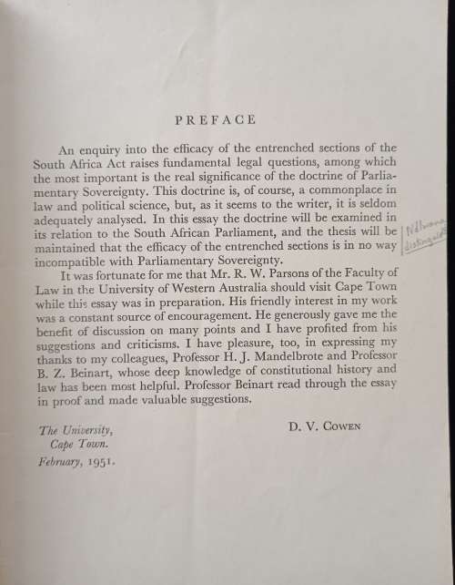 Parliamentary Sovereignty & the Entrenched Sections of the South African Act by D V Cowen
