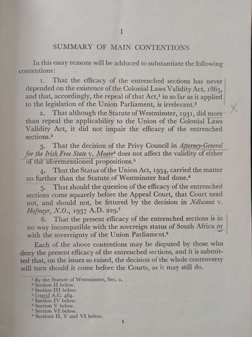 Parliamentary Sovereignty & the Entrenched Sections of the South African Act by D V Cowen