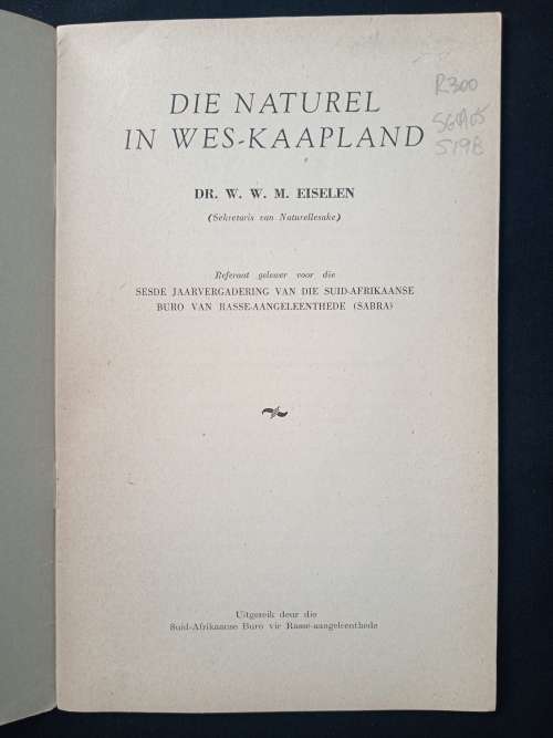 Die Naturel in Wes-Kaapland by Dr W W M Eiselen
