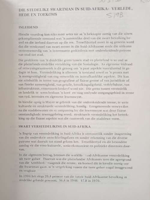 Die Stedelike Swartman in Suider-Afrika Verlede Hede & Toekoms by Prof J H Coetzee