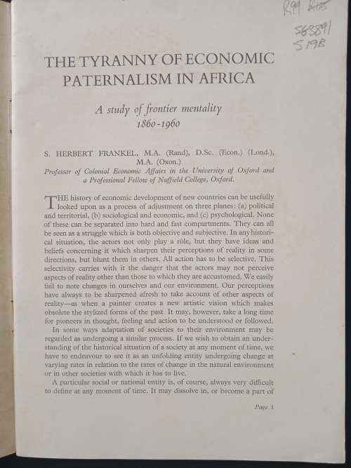 The Tyranny of Economic Paternalism in Africa by S Herbert Frankel