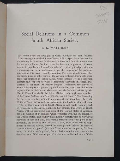Social Relations in a Common South African Society by Z K Matthews
