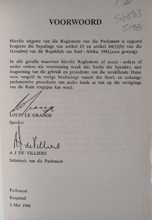 Reglement van die Parlement with Forword by Louis Le Grange & A J de Villiers