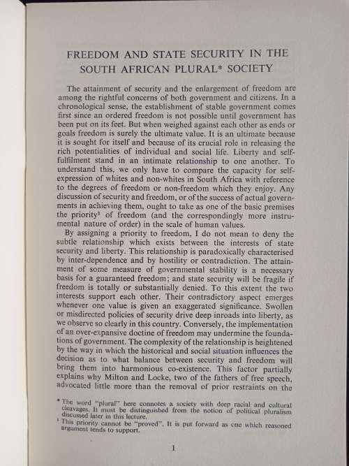 Freedom & State Security in the South African Plural Society by Professor A S Mathews