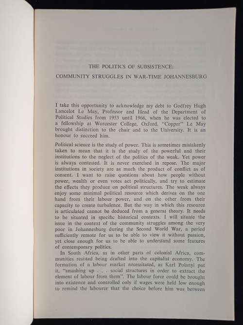 The Politics of Subsistence Community Struggles in War-time Johannesburg by Alfred William Stadler