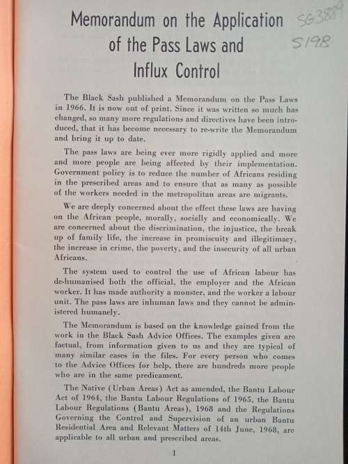 Memorandum on the Application of the Pass Laws & Influx Control