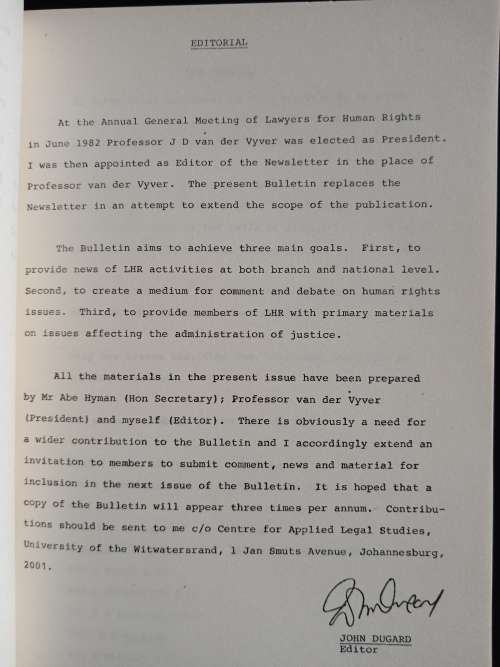 Lawyers for Human Rights Bulletin No 1 Edited by John Dugard