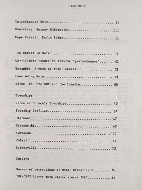 Institute for Black Research Special Report Unrest in Natal August 1985 Edited by Fatima Meer