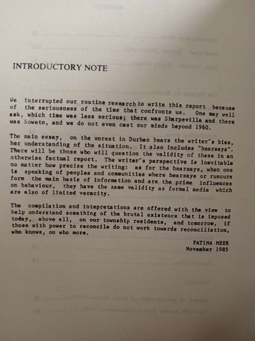 Institute for Black Research Special Report Unrest in Natal August 1985 Edited by Fatima Meer