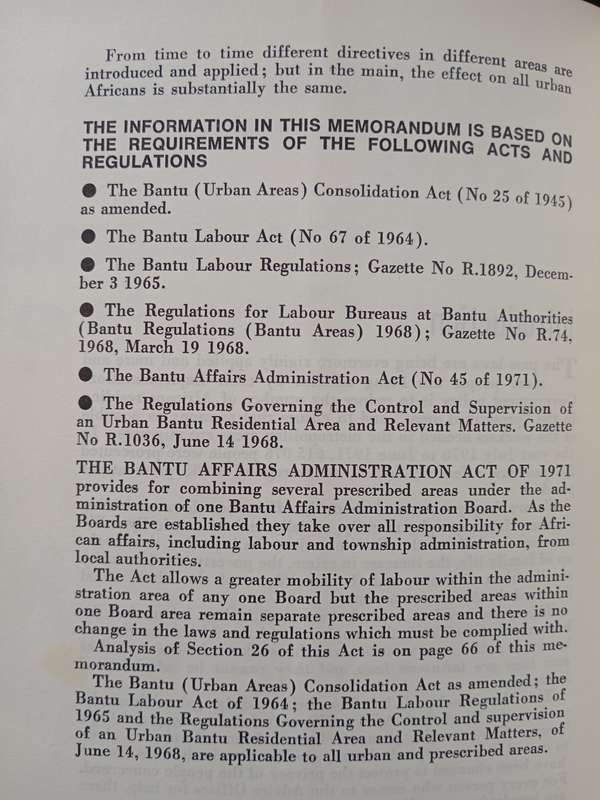 Memorandum on the Pass Laws & Influx Control