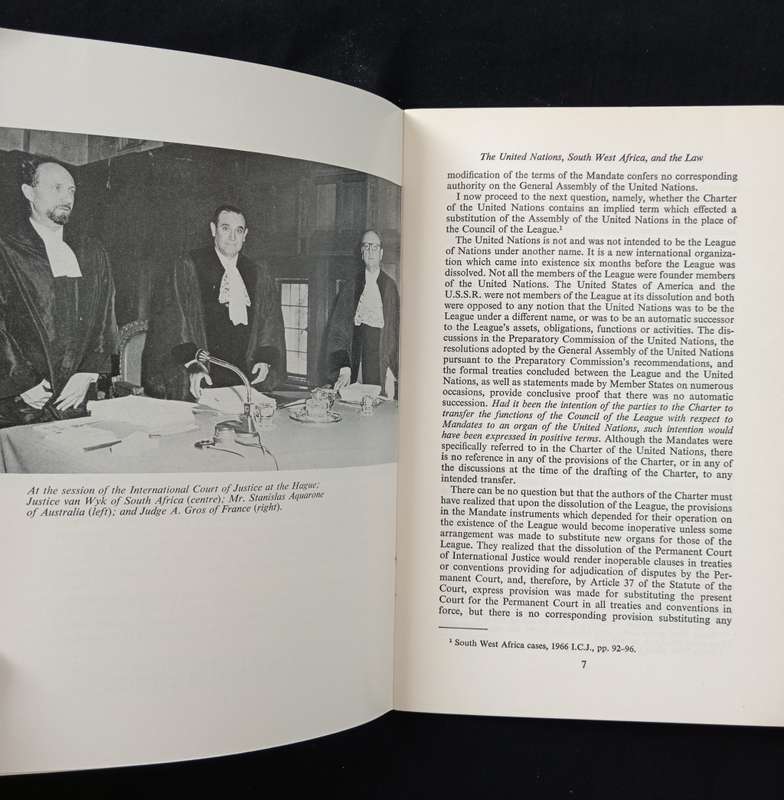 The United Nations, South West Africa & The Law by The Hon Mr Justice J T van Wyk