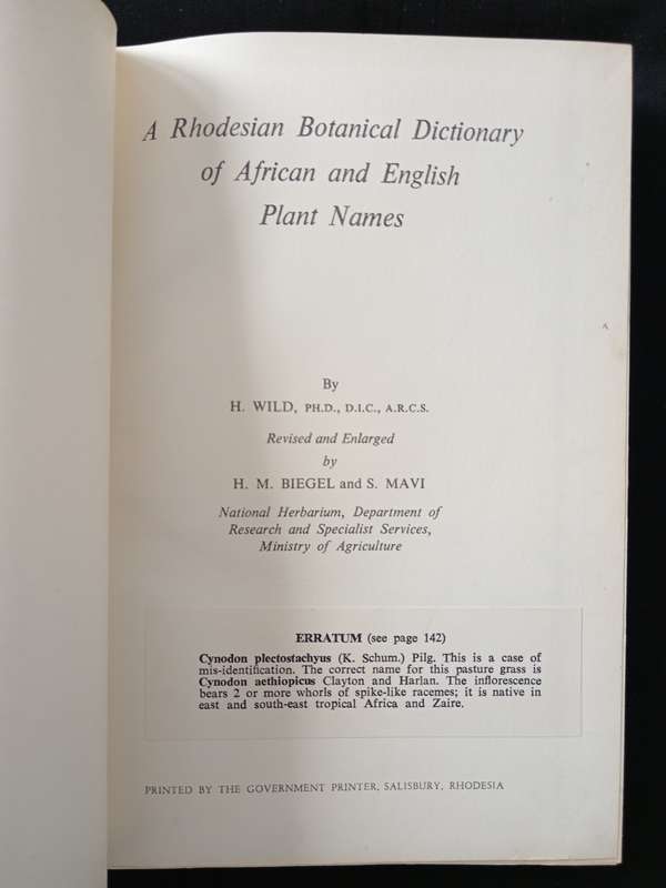 Rhodesian Botanical Dictionary of African & English Plant Names by H Wild