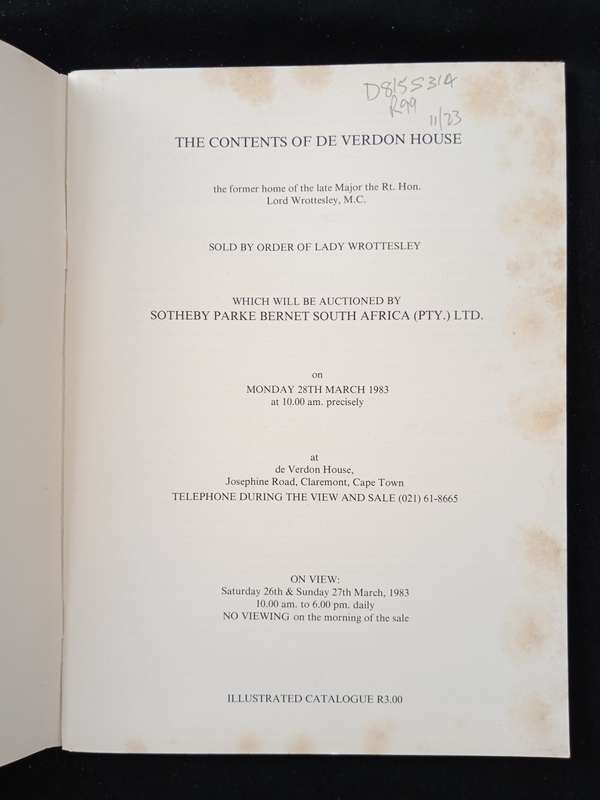 Sotheby`s Cape Town The Contents of De Verdon House